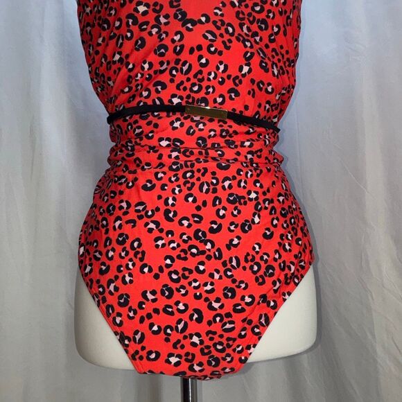 NWOT Figleaves one piece swimsuit 38DD red cheetah print belted - Picture 4 of 9